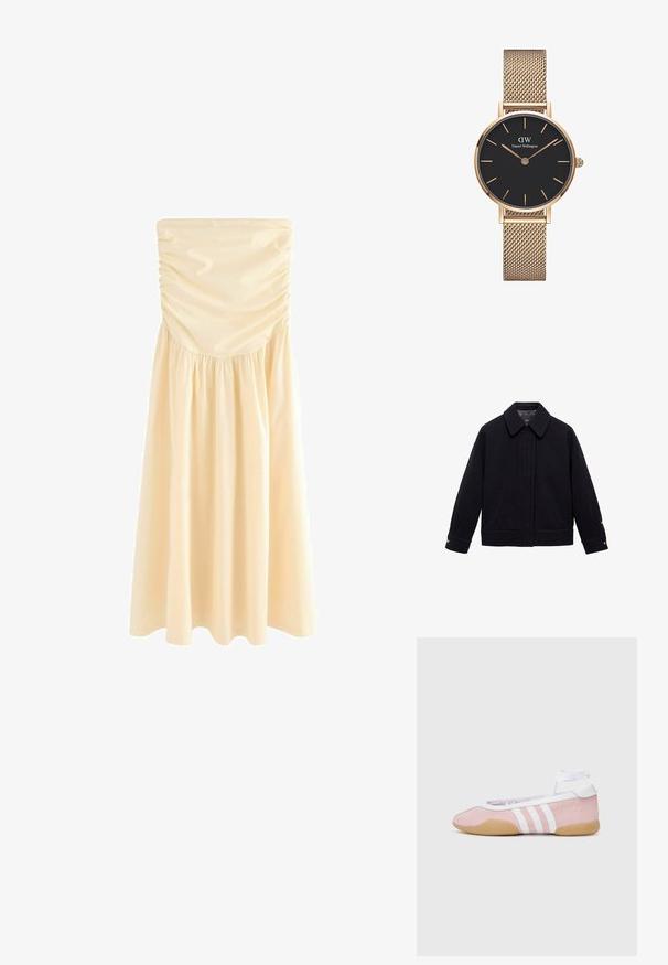 Jachetă din lână neagră cu guler, două buzunare laterale și detalii la manșete. Prezintă o croială dreaptă și un material texturat.; Rochie midi fără bretele în bej deschis, cu plisaje la bust și fustă plisată pentru fluiditate. Material neted, ușor.; adidas Originals TAEKWONDO MEI BALLET - Sneakers low - clear pink/ftwr white/gum; Geantă de mână din piele crem, cu un design structurat, margini negre contrastante, accesorii din aur și o curea detașabilă cu un logo semnătură.; Ceas cu brățară din plasă aurie de la Daniel Wellington, cu un cadran rotund negru, marcaje orare aurii și logo-ul la 12 fix. Design simplu și elegant.