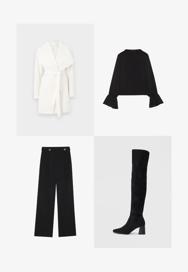Casaco longo branco de mangas compridas, com gola larga e cinto; feito de um tecido macio com uma textura suave e linhas limpas.; Top preto de mangas longas com punhos largos, textura suave e um corte descontraído, com um simples decote redondo.; Calças largas pretas com cintura alta, detalhes em botão na cintura e pregas frontais.; Bota de camurça preta até ao joelho com salto bloco, bico fino e design suave e sem costuras sobre um fundo claro.