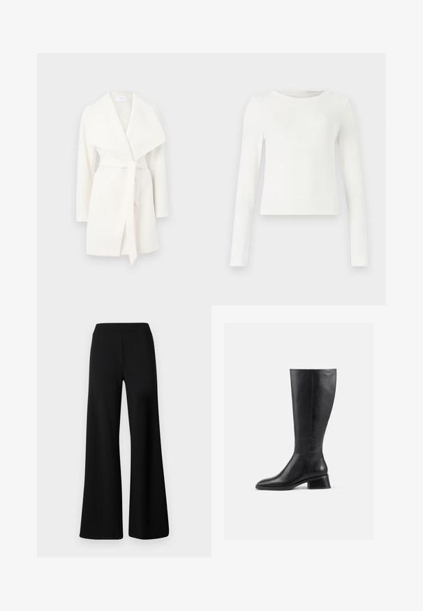 Palton alb cu mâneci lungi, cu închidere în față și guler generos, prevăzut cu un curea tip fundă; realizat dintr-un material moale, cu o textură netedă și linii curate.; Top alb cu maneci lungi din material canalat, cu guler rotund. Textură netedă, design ajustat, fără modele sau accente vizibile. Stil simplu și minimalist.; Pantaloni negri cu picioare largi, fabricați dintr-un material moale și elastic. Prezintă un tiv elastic neted și un design curat, fără embellishments.; Cizmă din piele neagră până la genunchi, cu vârf rotund și toc mic, pătrat. Are o textură netedă și detalii minime de cusătură.