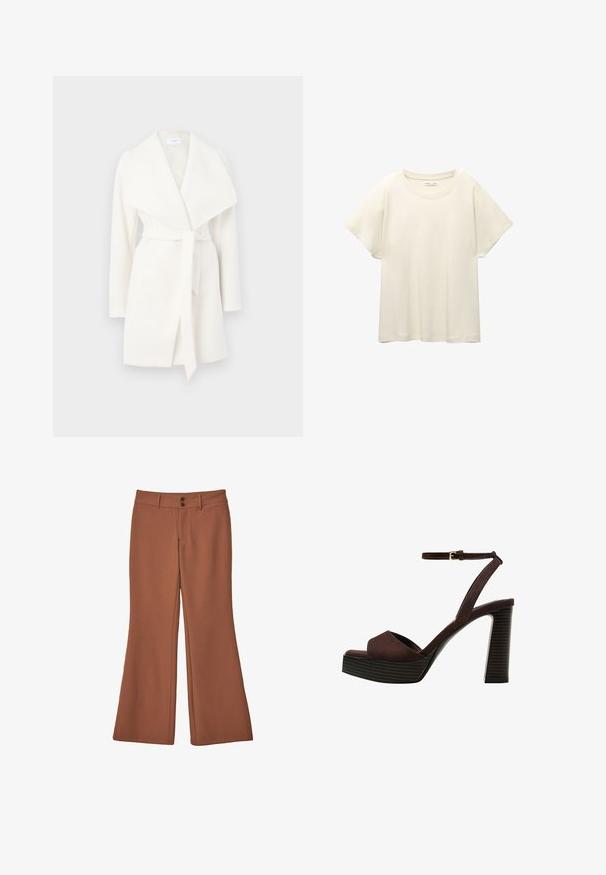 Weißer langärmeliger Wickelmantel mit breitem Kragen und Bindegürtel; aus einem weichen Stoff mit glatter Textur und klaren Linien.; Helles beige T-Shirt mit kurzen Ärmeln und Rundhalsausschnitt, aus weichem, glattem Stoff gefertigt. Verfügt über eine lockere Passform und einen geraden Saum.; Braune, ausgestellte Hosen aus weichem Stoff. Sie verfügen über zwei vordere Knöpfe und eine glatte Textur ohne sichtbare Muster oder Akzente.; Braune Wildleder-Pumps mit offenem Zeh, verstellbarem Knöchelriemen und gestreiftem Plateausohlen.