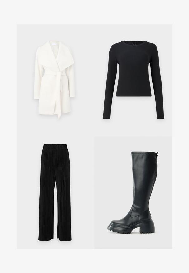 White long-sleeve wrap coat with wide collar and tie belt; made of soft fabric with a smooth texture and clean lines.; Black long-sleeve top, crew neckline, ribbed texture, fitted design, and cropped length. No patterns or visible hardware details.; Black pleated trousers with an elastic waistband. Features wide legs and a smooth, textured fabric with vertical stripes.; Tall black leather boot with chunky platform sole and block heel, featuring pull tab and textured tread on outsole.