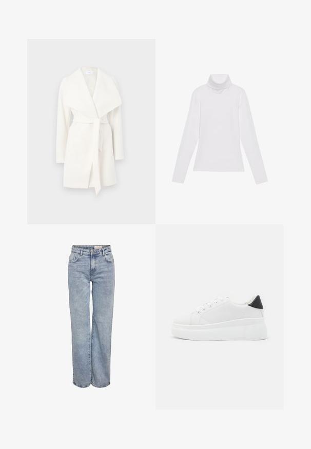 Bijela dugá rukava omotna jakna s širokim ovratnikom i remenom; izrađena je od mekog materijala s glatkom teksturom i čistim linijama.; Bijela majica dugih rukava s rolificom izrađena od glatkog, rastezljivog materijala. Ima visoki ovratnik i uski kroj, bez vidljivih uzoraka ili ukrasa.; Svijetloplave široke traperice napravljene od denima, s visokim strukom, dizajnom od pet džepova i suptilnim izbljeđivanjem za izgled nošenih traperica.; Bijele platforme tenisice napravljene od glatkog sintetičkog materijala, s okruglim vrhom, dizajnom s vezanjem i teksturiranom gumenom potplatom. Crni detalj na peti.