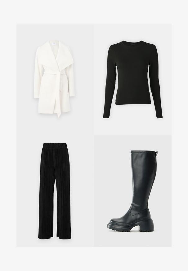 Balta ilga rankovėmis apvyniota striukė su plačia apykakle ir diržu; pagaminta iš minkštos medžiagos su lygiu paviršiumi ir švariomis linijomis.; Juodas ilgomis rankovėmis marškinys, pagamintas iš lygaus audinio, su apvaliu iškirpimu ir prigludusia forma, be matomų raštų ar akcentų.; Juodi plisuoti kelnės su elastine juosta. Turėkite plačias kojas ir glotnų, tekstūrinį audinį su vertikaliais dryžiais.; Ilgas juodos odinės batai su masyvi platforma ir stačiakampiu kulnu, turintys traukimo kilpą ir tekstūruotą pado raštą.