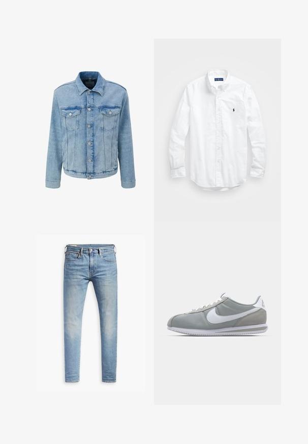 Jasnoniebieska kurtka dżinsowa o klasycznym fasonie, z dwiema kieszeniami na klatce piersiowej, srebrnymi guzikami i widocznymi detalami szwów.; Biała, bawełniana koszula z długim rękawem zapinana na guziki. Posiada klasyczny kołnierzyk, mankiety zapinane na guziki oraz małe, granatowe, haftowane logo na klatce piersiowej.; Jasnoniebieskie, dopasowane dżinsy z lekkim przetarciem na udach, z zapięciem na guziki z przodu, pętelkami na pasek oraz pięcioma kieszeniami, na białym tle.; Szare buty sportowe z cholewką z zamszu i tekstyliów, białym logo Nike i białymi sznurówkami. Posiadają teksturowaną gumową podeszwę i wyściełany kołnierz.