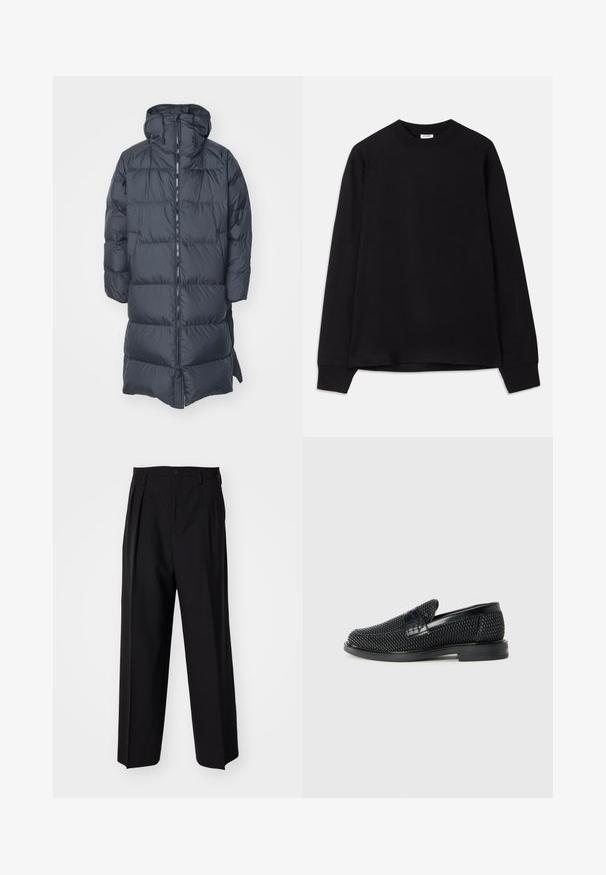 J.LINDEBERG ANDERSON - Sulemantel - black; Must must pikkade varrukatega T-särk, mis on valmistatud pehmest puuvillast. Omab ümarat kaelust, laia vormi ja soonikkoes manšette. Ei ole nähtavaid mustreid ega logosid.; Mustad volditud püksid sirge ja laia säärega disainiga. Valmistatud siledast kangast, millel on nuppudega sulgemine ja vööaasad.; Must musta kootud slip-on king, millel on pehme nahast accent ülaserval, ümmargune varvas ja madal profiiliga kummitald.