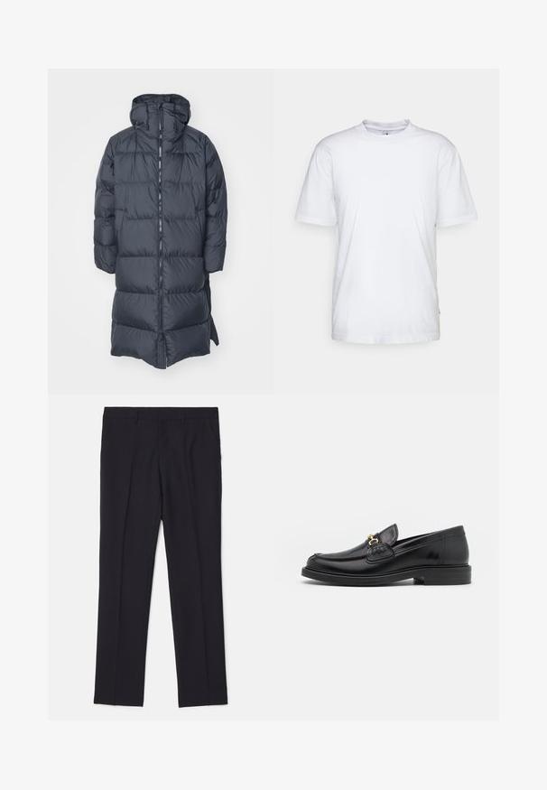 J.LINDEBERG ANDERSON - Pūkinis paltas - black; Balta medvilninė marškinėlių su apvalia iškirpte, trumpomis rankovėmis ir tiesiu kraštu. Ant kairiojo siūlės yra mažas prekės ženklo etiketė.; Juoda pritaikyta kelnės, pagamintos iš lygaus audinio, su dviem šoninėmis kišenėmis, tiesaus kirpimo dizainu ir be matomų raštų ar akcentų.; Juodos odinės loafer tipo bateliai su apvaliuku, su auksinėmis detalėmis ir siuvinėjimo akcentais, įrengti ant žemos, tekstūruotos gumos pado.