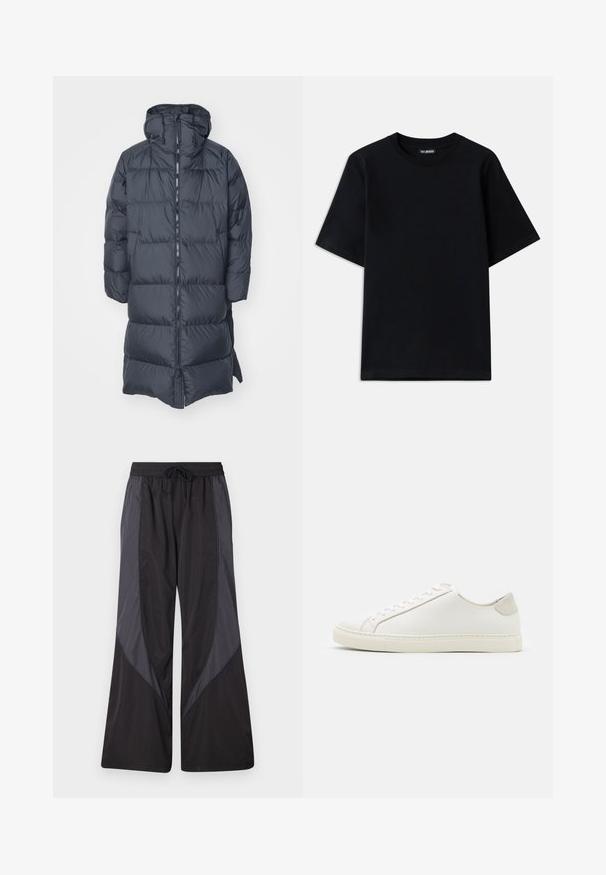 J.LINDEBERG ANDERSON - Pūkinis paltas - black; Juodas medvilnės marškinėliai su apykakle ir trumpomis rankovėmis. Su subtiliu logotipo siuvinėjimu kairėje krūtinės pusėje. Lygus, glotnus paviršius.; Han Kjøbenhavn PANELLED TRACK TROUSERS - Treningo apatinė dalis - anthracite black; Baltos odinės sportinės avalynės, lygiu paviršiumi, apvaliu nosiu ir minimalistiniu dizainu. Su smėlio spalvos akcentais ant kulno ir guminis padas.