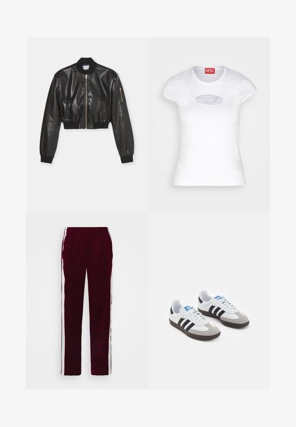 Fête Impériale PLATON JACKET - Mākslīgās ādas jaka - black; Balts derīgs T-krekls, izgatavots no kokvilnas, ar apaļu dekoltē un īsām piedurknēm, priekšpusē ir gaiši zils izšūts logotips.; Burgundijas sporta bikses ar aukliņu jostu, baltām sānu svītrām un šauru piegriezumu. Izgatavotas no gludas, vieglas auduma.; Sporta apavi ar balto ādas virsu, pelēku zamšādas purngalu un trim melnām svītrām. Iezīmē zilu logotipu uz mēles un teksturētu gumijas zoli.