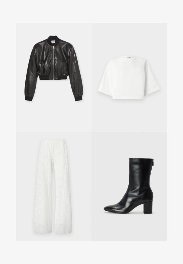 Fête Impériale PLATON JACKET - Giacca in similpelle - black; T-shirt bianco cropped con vestibilità rilassata, maniche corte e larghe, scollatura rotonda e spacchi laterali, realizzato in morbido cotone.; Pantaloni bianchi a gamba larga con un elastico in vita, che presentano un motivo in pizzo floreale testurizzato su tutto il tessuto.; Stivale alla caviglia in pelle nera con punta affusolata e tacco a blocco di 4 cm. Design elegante con cerniera laterale per una facile calzata. Tessuto liscio.