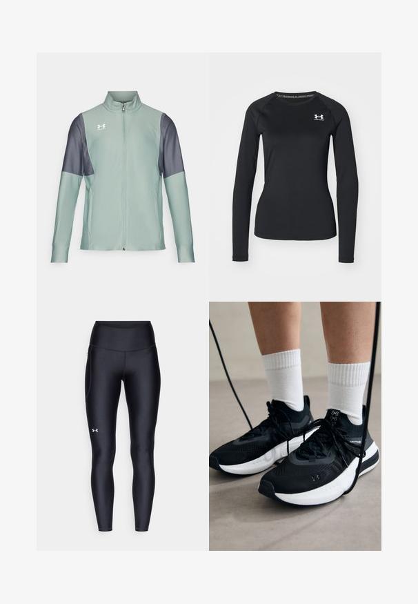 Világoszöld zipzáras dzseki sötétszürke ujjakra, sima textúrával és oldalsó zsebekkel. Az elülső részen az Under Armour logó található.; Fekete, hosszú ujjú sportpóló sima anyagból, kerek nyakkivágással és egy kis fehér logóval a bal mellrészen.; Fekete leggings sima, rugalmas anyagból, magas derékkal. Bal combján fehér logó található, és testhezálló kialakítású.; Fekete sportcipők textúrált anyagból, fehér talppal és fekete fűzőkkel. Fehér bordázott zoknikkal viselve, világos felületen állva.