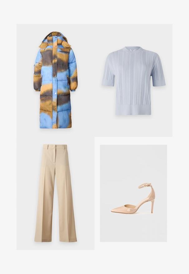 Casaco longo acolchoado com um padrão abstrato em azul, castanho e dourado. Equipado com capuz, botões de pressionar e bolsos laterais. Textura suave.; Top de malha de manga curta azul clara com textura de riscas verticais e decote redondo. O tecido apresenta detalhes subtis com uma bainha ajustada.; Calças largas bege feitas de tecido suave, com frente plana com pregas, fecho de correr e passantes para cinto. Ajuste entalhado no geral.; Shoe de verniz nude com biqueira pontuda, tirante no tornozelo e tacão agulha, apresentando uma textura suave e design minimalista.