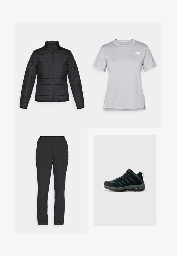 Svart dunjakke med høy krage, quiltet tekstur, glidelås foran og sidelommer. Lettvektig og strømlinjeformet design.; Grå kortermet t-skjorte laget av myk, fukttransporterende stoff. Har en rund hals og en liten hvit logo på øvre venstre side.; Sorte utendørsbukser laget av lett stoff har en rett bendesign, glidelåslommer på siden og en justerbar midje.; Columbia REDMOND - Fjellsko - black/citron haze