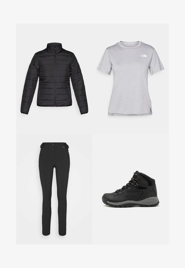 Sort pufferjakke med høj krave, quiltet tekstur, frontlynlås og sidelommer. Letvægtig og strømlinet design.; Grå kortærmet T-shirt lavet af blødt, fugttransporterende materiale. Har en rund hals og et lille hvidt logo øverst til venstre.; Sorte, tætsiddende bukser lavet af et fleksibelt materiale. Funktioner inkluderer en lynlåslomme i siden, artikulerede knæ og en glat tekstur.; Sort vandrestøvle med en mellem-højde design, der har en tekstureret overdel, grå detaljer og en holdbar gummisål med skridsikre klodser.