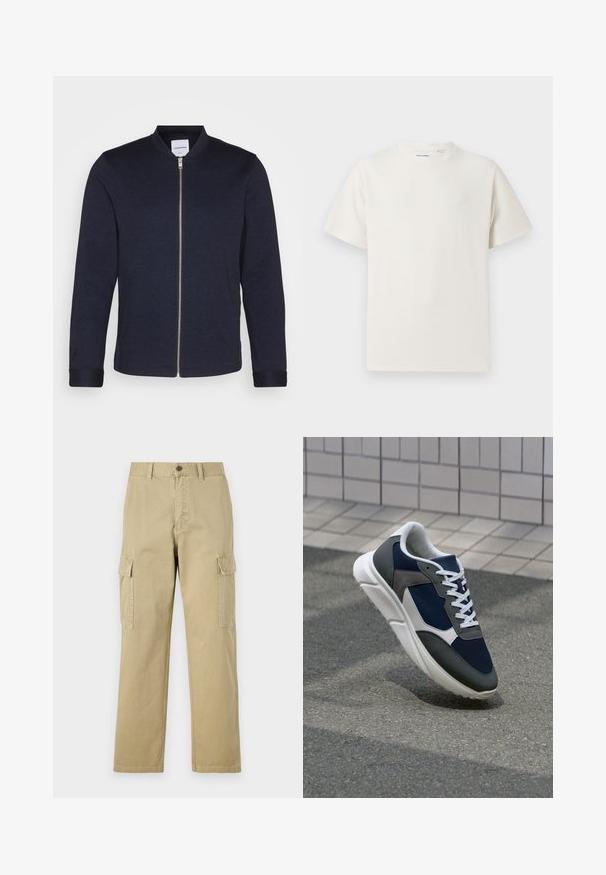Σκούρο ναυτικό bomber jacket με φερμουάρ μπροστά, στρογγυλή λαιμόκοψη και μανίκια με κουμπιά. Φτιαγμένο από ένα λείο ύφασμα με μινιμαλιστικό σχέδιο.; Λευκή κοντομάνικη μπλούζα με ριγωτή υφή. Στρογγυλή λαιμόκοψη, χαλαρή εφαρμογή, χωρίς ορατά σχέδια ή λεπτομέρειες. Απλός και ευέλικτος σχεδιασμός.; Μπεζ cargo παντελόνια φτιαγμένα από βαμβάκι, με δύο πλάγιες τσέπες, κουμπί κλεισίματος και ίσια πόδια με ελαφρώς υφαντό ύφασμα.; Αθλητικά παπούτσια με επάνω μέρος από ναυτικό μπλε διχτυωτό ύφασμα, γκρι σουέτ λεπτομέρειες, λευκή καουτσούκ σόλα και επίπεδα λευκά κορδόνια, σχεδιασμένα για άνεση και αερισμό.