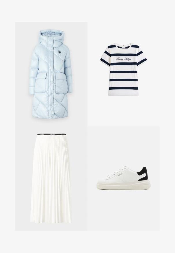 Blauer IMRIE - Cappotto invernale - blue; T-shirt in cotone con righe orizzontali blu navy su sfondo bianco. "Tommy Hilfiger" ricamato in corsivo sul petto. Collo a giro.; Gonna bianca plissettata con elastico nero in vita che presenta il logo "LACOSTE". Design di lunghezza media con texture morbida.; Sneaker bianchi in pelle con suola spessa bianca, accento in suede nero sul tallone e logo impresso sul lato. Design con lacci e sei fori per i lacci.