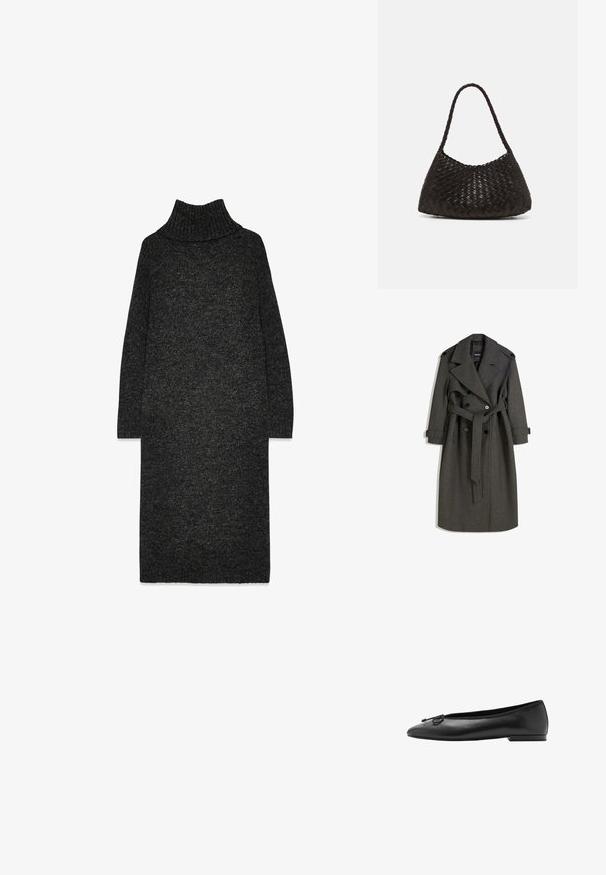 Sivý vlnený trenčkot s dvojradovým zapínaním, širokými klopami a zhodným opaskom. Obsahuje čierne gombíky a nastaviteľné manžetové pásky.; Tmavo šedé pletené šaty s rolákom, s voľným strihom, dlhými rukávmi a textúrovaným povrchom. Obsahuje rebrovaný golier a lem.; Čierne kožené baletky s okrúhlym prstom, štíhlym siluetom a dekoratívnou mašľou na prednej strane. Nízky, obdĺžnikový opätok.; DRAGON DIFFUSION ROSANNA - Kabelka - dark brown