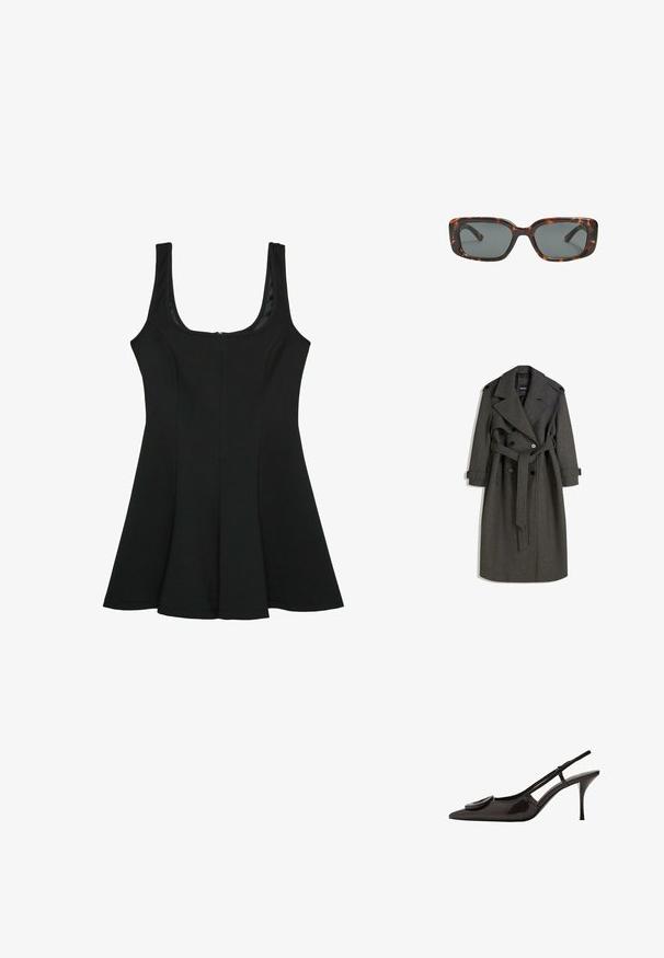 Grahamfarbener Woll-Trenchcoat mit einem doppelreihigen Design, breiten Revers und einem passenden Gürtel. Verfügt über schwarze Knöpfe und verstellbare Manschettenriemen.; Schwarzes ärmelloses Kleid mit Rundhalsausschnitt. Ausgestellter A-Linie-Schnitt, aus glattem Stoff gefertigt, mit einem versteckten Reißverschluss im Rücken.; Schwarzer Lackleder-Slingback-Schuh mit spitzem Zehenbereich, minimalistischem Design, kleinem kreisförmigem Akzent auf dem Schuhoberteil und schlankem Absatz.; Sonnenbrille im Schildpatt-Design mit rechteckigen Gläsern, dicken Rahmen und dunkelgetönten Gläsern. Glatte Textur und minimalistisches Design.
