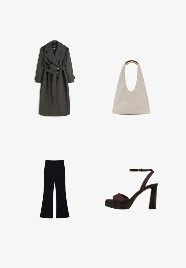 Sivi vuneni trench kaput s dvostrukim kopčanjem, širokim reverima i odgovarajućim remenom. Ima crne dugmadi i podesive narukvice.; Lagani, kremasti top s kratkim rukavima, okruglim izrezom i nabranim detaljima sa strane za prilagođeni siluetu.; Crne široke hlače s visokim strukom, bez vidljivih džepova ili dugmadi, prikazane protiv bijele pozadine.; Smeđe zamšaste sandale s visokim potpeticama, otvorenim prstima, podesivom trakicom oko gležnja i prugastom platformom.; Svijetlosivi kožni torba s oblikom u slovo U i zakrivljenim metalnim drškom. Glatka tekstura s minimalnim šavovima i bez vidljivih uzoraka.