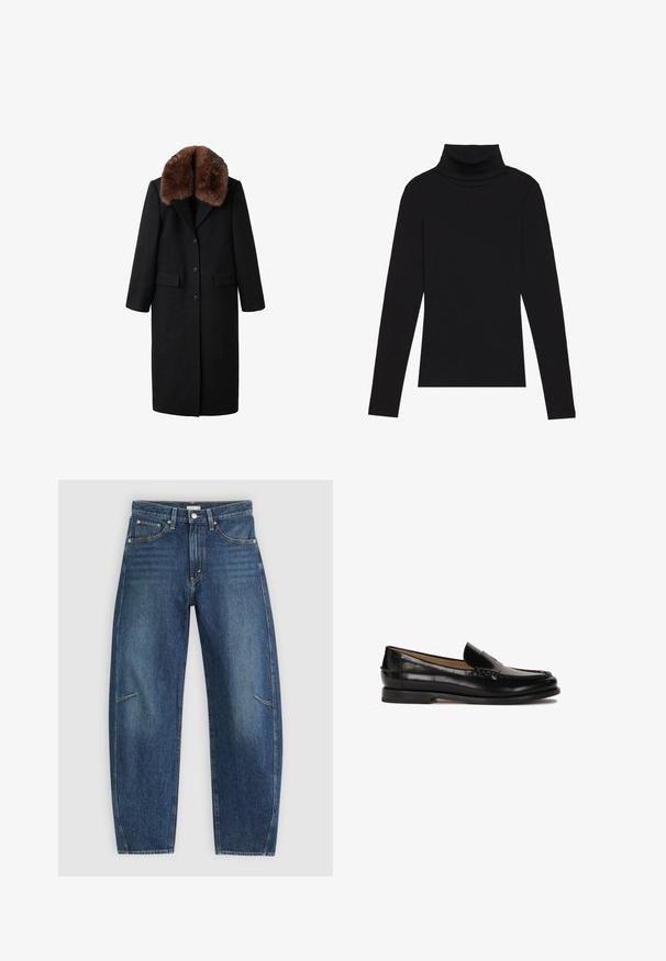 Cappotto lungo nero con colletto in pelliccia marrone, design a un petto, due tasche frontali e una texture liscia. Presenta una silhouette sartoriale.; Maglione a collo alto nero a maniche lunghe, realizzato in tessuto a coste, presenta un design aderente con un collo alto e senza motivi o dettagli.; Jeans in denim blu scuro con design a gamba dritta, caratterizzati da tasche anteriori, cuciture a contrasto e una leggera texture sbiadita lungo le gambe.; Mocassino in pelle nera con punta arrotondata, design slip-on e dettagli di cucitura discreti lungo la parte superiore. Suola piatta in gomma.