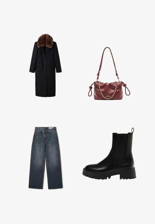 Čierny dlhý kabát s hnedým kožušinovým golierom, jednoradový dizajn, dve predné vrecká a hladká textúra. Má jemne strihanú siluetu.; Dvoje čiernych tričiek s dlhým rukávom z jemnej rebrovanej látky s širokými okrúhlymi výstrihmi, s jednoduchým dizajnom a hladkým povrchom.; Tmavé denimové džínsy s širokým strihom, s vysokým pásom, piatimi vreckami a jemným žmurkaním na prednej strane.; Čierna kožená členková bota s textúrovaným bočným panelom, zaoblenou špičkou a masívnou platformou s cikcak vzorom.; Bordová kožená kabelka so zhlukovaným dizajnom, zlatým reťazovým akcentom, nastaviteľným popruhom a logom. Obsahuje uzlové bočné úchyty.