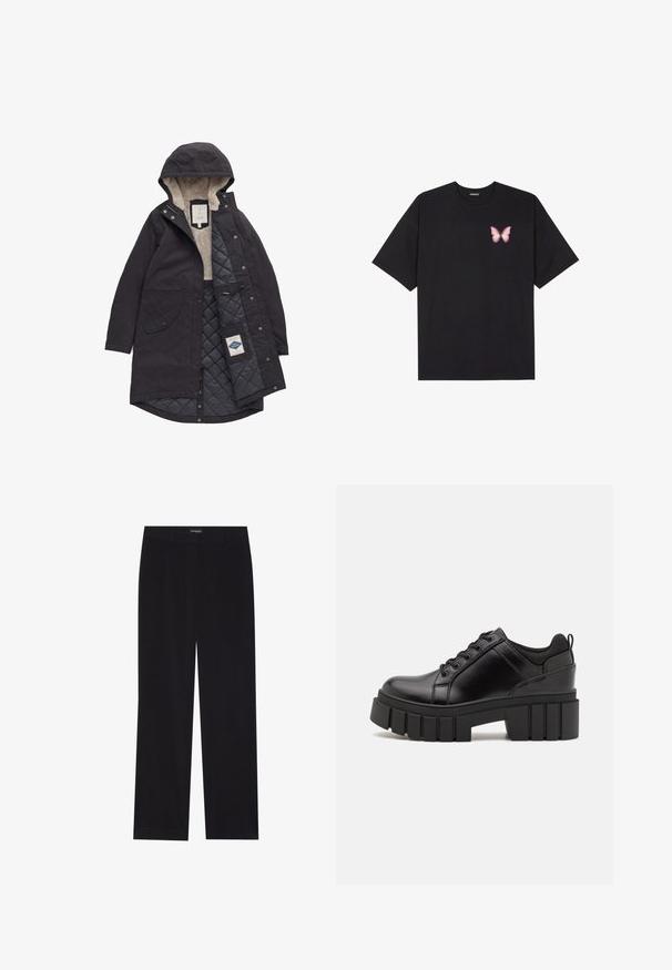 Fekete vízálló parkában, állítható kapucnival, puha bézs béléssel, steppelt sötétszürke béléssel, elülső zsebekkel és patentos záródással.; Fekete pamut póló rövid ujjakkal, bal mellkason egy kis rózsaszín pillangó grafikával. Kerek nyakú kialakítás, laza fazonnal.; Fekete kordbársony nadrág egyenes szabással, lapos derékkal és láthatatlan zsebekkel, sima textúrával és függőleges bordázással.; Fekete bőr platform cipők vaskos blokk sarkakkal, kerek orral és hagyományos fűzős kialakítással. Simára csiszolt felület és minimális részletezés jellemzi.