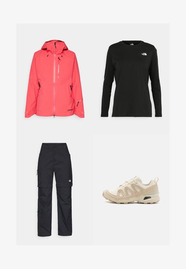 Helles pinke wasserdichte Jacke mit Kapuze, Frontreißverschluss, seitlichen Reißverschlusstaschen, verstellbaren Bündchen und einem Logo auf der unteren linken Vorderseite.; Schwarzes Langarm-T-Shirt aus Baumwolle mit Rundhalsausschnitt. Verfügt über ein kleines weißes Logo auf der linken Brustseite. Einfaches Design und Passform.; Schwarze Nylon-Zip-Off-Cargohosen mit verstellbaren Bündchen, mehreren Taschen und einem Logo am rechten Bein. Glatte, leichte Textur.; Beige und cremefarbenen Sportschuh mit strukturiertem Mesh-Obermaterial, unterstützenden Überzügen und Gummisohle mit einem Profilmuster für Bodenhaftung.