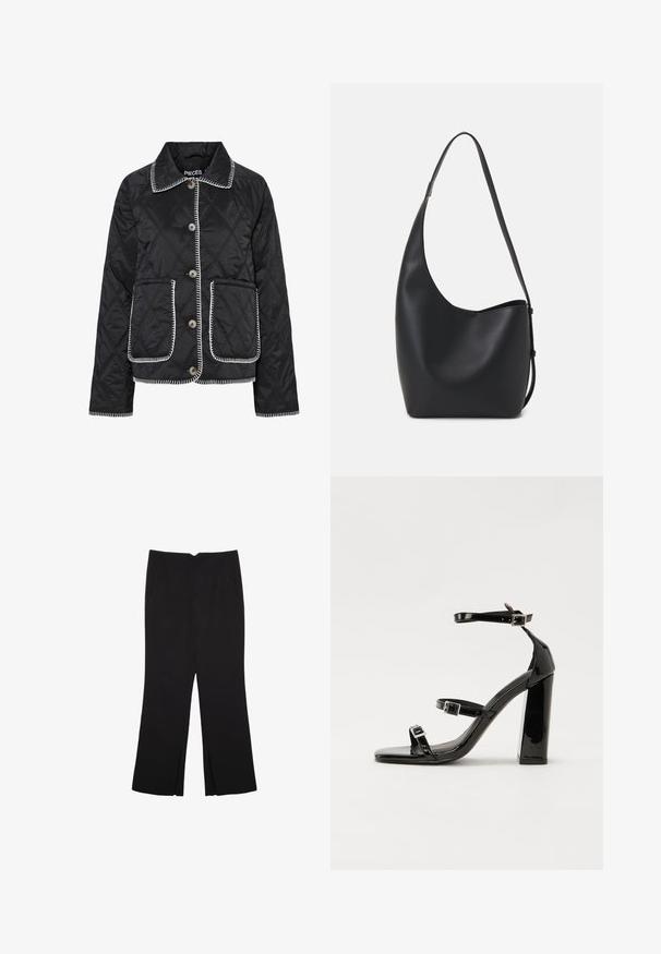 Černá prošívaná bunda s kulatým límcem, zapínáním na knoflíky, dvěma předními kapsami a bílým kontrastním prošíváním podél okrajů.; Černé krátké tričko s krátkým rukávem a kulatým výstřihem, jednoduchý design, položeno na bílém pozadí.; Černé kalhoty s rovným střihem, s předními kapsami a bočními rozparky na lemu. Vyrobené z jemné, hladké tkaniny. Vhodné na různé příležitosti.; Černé lakované sandály na podpatku se čtveratou špičkou, lýtkovými pásky a stříbrnými přezkami. Disponují masivním blokovým podpatkem pro stabilitu.; Černá kožená hobo taška s hladkým povrchem, zakřiveným tvarem a jedním nastavitelným popruhem; má široké otevírání nahoře.