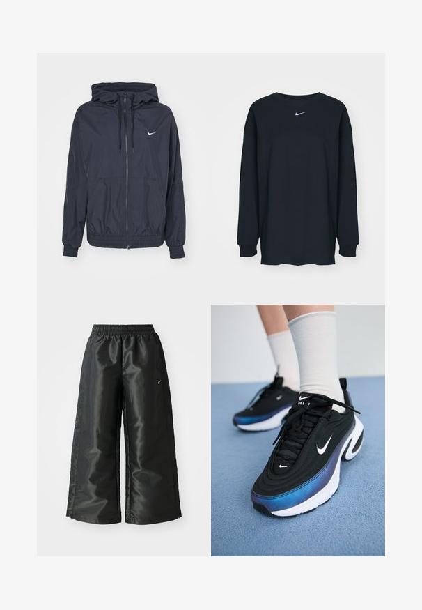Juodas „Nike“ vėjyje laikomas džemperis su užtrauktuku, reguliuojama kapuca, elastinėmis rankogaliais ir šoninėmis kišenėmis, ant krūtinės turi subtilų logotipą.; Juodas ilgam rankovėms marškinėlis, pagamintas iš medvilnės, su apvalia iškirpte. Krūtinėje yra baltas Nike logotipas. Minkšta tekstūra, paprastas dizainas.; Juodi sportiniai džinsai su blizgia, lygaus audinio medžiaga, turintys elastingą juosmenį, plačias kojų dalis ir mažą logotipą kairėje pusėje.; Juodi Nike sportbačiai su glotna audinio viršutine dalimi, turintys gradientinį mėlynos ir juodos spalvos dizainą, baltą pado dalį ir akcentuotus logotipus.