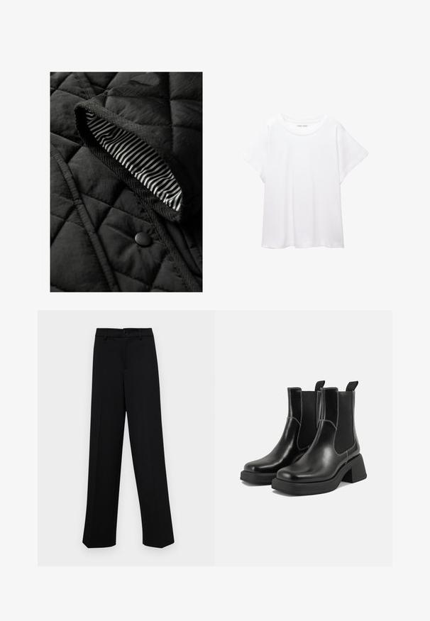 Black quilted vest featuring a textured exterior and a striped inner lining. Includes a round black button and braided trim along the edges.; White T-shirt made of soft, lightweight fabric. Features a round neckline and short, wide sleeves with a relaxed fit. No visible patterns.; Black wide-leg trousers made of smooth fabric, featuring a classic waistband with a button closure and front pleats.; Black leather Chelsea boots with a chunky heel, elastic side panels, and contrasting white stitching. Textured finish.