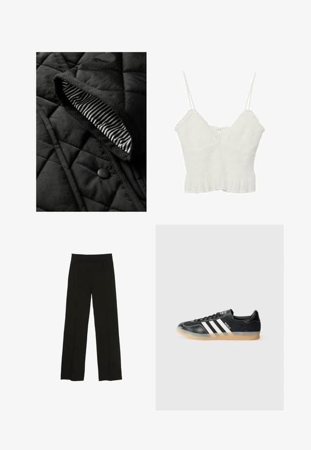 Zwarte doorgestikte vest met een textuur buitenkant en een gestreepte binnenvoering. Inclusief een ronde zwarte knop en gevlochten rand langs de randen.; Witte cropped top met dunne verstelbare bandjes, textiel textuur, v-hals en een gerimpelde zoom. Eenvoudig ontwerp met een lichte uitstraling.; Zwarte wijde pantalon gemaakt van een soepele stof, met een aansluitende tailleband en subtiele plooien aan de voorkant voor extra textuur.; Zwarte sportieve sneaker met witte strepen, textielstof, glad leren neus en een gumrubberen zool. Bevat het logo op de tong.