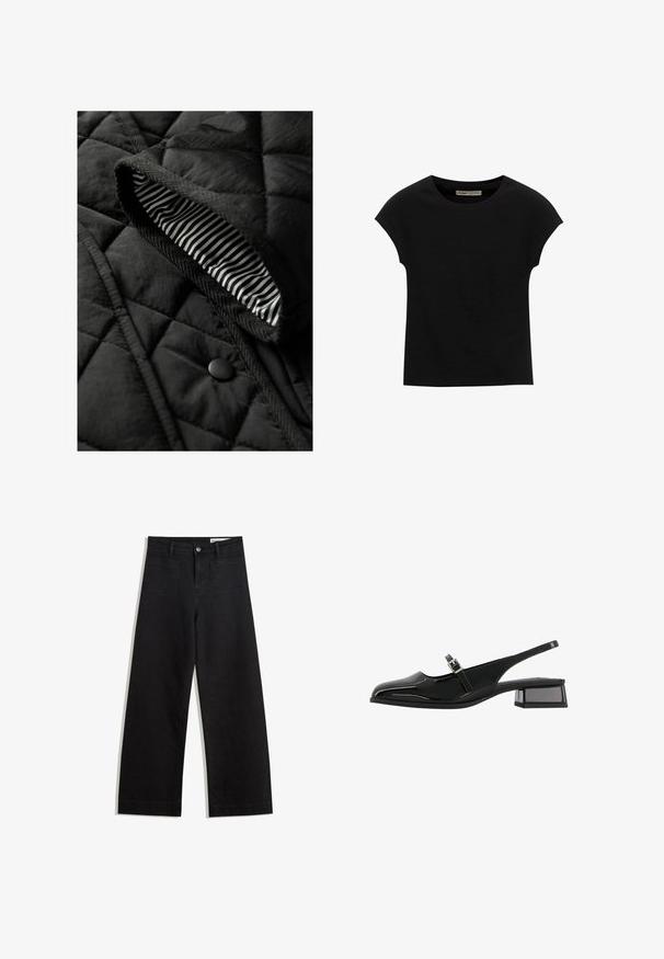 Schwarze gesteppte Weste mit strukturiertem Außenmaterial und gestreiftem Innenfutter. Sie verfügt über einen runden schwarzen Knopf und geflochtene Kante entlang der Ränder.; Schwarzes Kurzarm-T-Shirt aus weichem Stoff, mit Rundhalsausschnitt und lockerer Passform, glatter Textur und ohne Muster.; Schwarze weit geschnittene Jeans mit hoher Taille, ausgestattet mit Vorder- und Hintertaschen, gesteppten Nähten und einem Knopfverschluss. Glatte Textur.; Bershka BLOCK BUCKLED - MARY JANES 11626560 - Pumps - black