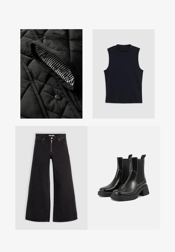 Czarna pikowana kamizelka z fakturowanym zewnętrzem i paskowanym wnętrzem. Zawiera okrągły czarny guzik oraz plecioną lamówkę wzdłuż krawędzi.; Bezrękawowa bluzka z wysokim kołnierzem w ciemnoniebieskim kolorze, wykonana z gładkiego materiału, o dopasowanym fasonie, bez widocznych elementów metalowych czy wzorów.; Jeans o szerokich nogawkach w czarnym denienie z zamkiem błyskawicznym z przodu, pięcioma kieszeniami i subtelnymi detalami przeszycia. Gładka tekstura i swobodny styl.; Czarne skórzane botki Chelsea na mocnej podeszwie, z elastycznymi panelami bocznymi i kontrastującym białym ściegiem. Teksturowane wykończenie.