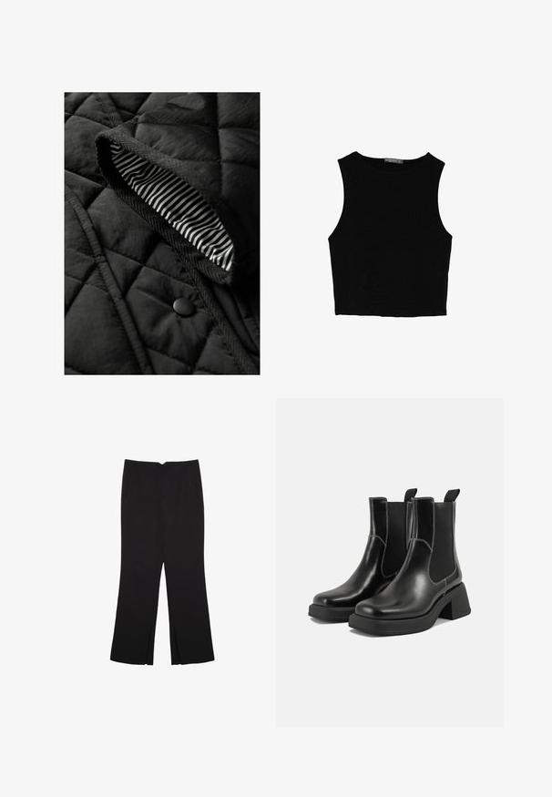 Černá prošívaná vesta se strukturovaným povrchem a pruhovanou podšívkou. Obsahuje kulatý černý knoflík a pletený lem podél okrajů.; Černý bezsleeve crop top vyrobený z hladké tkaniny, s kulatým výstřihem a čistým, jednoduchým designem bez vzorů nebo kovových doplňků.; Černé kalhoty s rovným střihem, s předními kapsami a bočními rozparky na lemu. Vyrobené z jemné, hladké tkaniny. Vhodné na různé příležitosti.; Černé kožené chelsea boty s masivním podpatkem, elastickými bočními panely a kontrastním bílým prošitím. Texturovaný povrch.