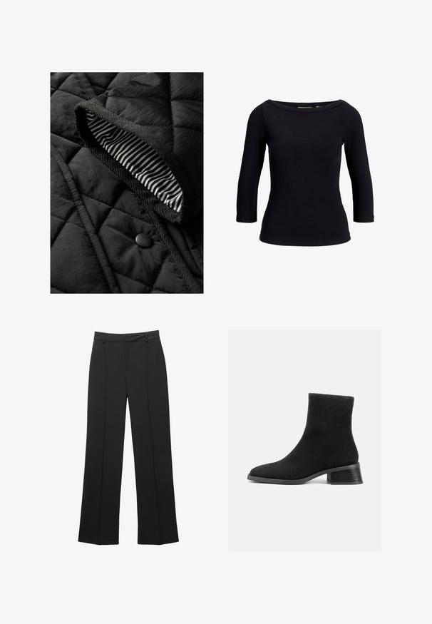 Black quilted vest featuring a textured exterior and a striped inner lining. Includes a round black button and braided trim along the edges.; Black ribbed top with a boat neckline and three-quarter sleeves, made from stretch fabric, featuring a fitted design and smooth texture.; Black high-waist wide-leg trousers with belt loops and a front seam detail, displayed on a white background.; Black suede ankle boot with a rounded toe, short shaft, and a low stacked heel. Smooth texture with no visible patterns or embellishments.