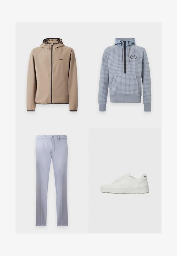 Bēšas kapuces jaka ar rāvējslēdzēju priekšpusē, melniem akcentiem un logo uz krūtīm. Izgatavota no gludas, elastīgas auduma ar pieguļošu dizainu.; Gaiši zila kapuce ar šaha rakstu, pusūdens dizains, regulējami savilktie gali un priekšējais kabatas maisiņš. Melns logo akcenti.; Gai pelēki pielāgoti bikses, izgatavotas no gludas auduma, ar pogu aizdari, jostas cilpām un taisnu kāju dizainu. Kabatas nav redzamas.; Baltas ādas sneakers ar gludu virsmu, apaļu pirkstu daļu, plakaniem šņorēm un teksturētu zoli. Satur diskrētu logotipu uz papēža.