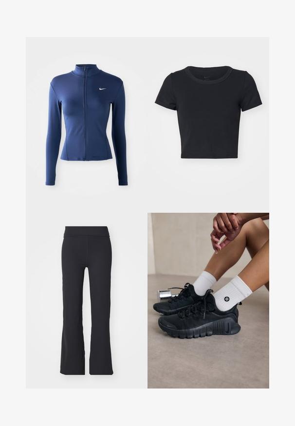 Dames aangesloten marineblauwe zip-up sportjack met lange mouwen en wit Nike-logo op de borst.; Zwart cropped T-shirt gemaakt van zachte, rekbare stof. Beschikt over een ronde halslijn en korte mouwen met een eenvoudig ontwerp.; Zwarte flared broek van stretchmateriaal met een hoge tailleband. Kenmerkt zich door strakke lijnen en een gladde textuur, geschikt voor casual gebruik.; Zwarte sport schoenen van een gestructureerde stof, met vetersluiting en een opvallende zool, gecombineerd met witte geribbelde sokken met een klein logo.