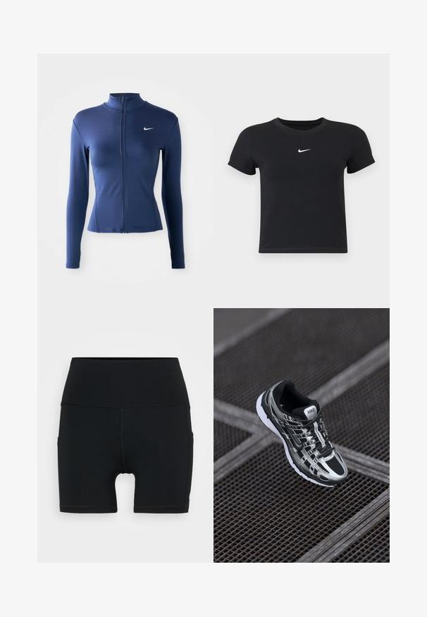 Női, sötétkék, fazonra szabott, cipzáras sportdzseki hosszú ujjakkal és fehér Nike logóval a mellrészen.; Fekete, rövid ujjú póló, pamutból készült, kerek nyakkivágással. A mellkasán fehér Nike logó található, minimális dizájnnal és testhez simuló formával.; Fekete sportnadrág rugalmas anyagból, magas derekú, testhezálló fazonban, lapos varrásokkal a kényelem és tartósság érdekében.; Nike futócipő, fekete és ezüst színvilággal, hálós felső résszel, texturált talppal és biztos illeszkedést biztosító fűzőrendszerrel.