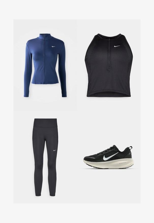 Damska dopasowana granatowa kurtka sportowa z długim rękawem zapinana na zamek, z białym logo Nike na piersi.; Czarny sportowy crop top z zamkiem z przodu, z siateczkowymi akcentami i dopasowanym krojem. Wykonany z elastycznego, oddychającego materiału. Logo Nike z przodu.; Czarne legginsy z elastycznego materiału, z wysokim pasem i białym logo Nike na lewym udzie. Gładka tekstura, dopasowany krój.; Czarna biegowa półbut z oddychającej siateczki, białym logo swoosh, teksturowanymi detalami oraz kremową podeszwą środkową ZoomX.