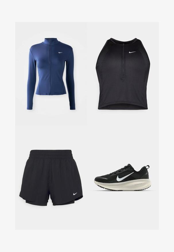 Sieviešu pielāgota tumši zilā sporta jaka ar garām piedurknēm, ar baltu Nike logo uz krūtīm.; Melnā sportiskā augšdaļa ar rāvējslēdzēju priekšpusē, acs akcenti un pieguloša dizaina. Izgatavota no elastīga, elpojoša auduma. Nike logo priekšpusē.; Melni sporta šorti ar savelkamu elastīgu jostasvietu, iekšējo oderi un baltu Nike logotipu kreisajā apakšējā stūrī. Gluda, viegla auduma.; Melnas Nike skriešanas kurpes ar elpojošu acs augšdaļu, baltu Swoosh logotipu, strukturētu apdari un krēmkrāsas ZoomX starpsole.