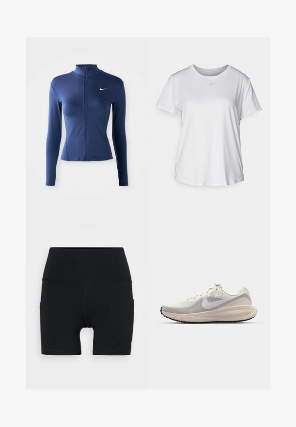Dame passform navy blå zip-up treningsjakke med lange ermer og hvit Nike-logo på brystet.; Hvit kortermet T-skjorte laget av glatt stoff, med rund halsringning og en liten grå Nike-logo på brystet.; Sorte treningshorts laget av elastisk materiale, med høy midje, tettsittende design og flatlocksømmer for komfort og holdbarhet.; Sko med lys grå mesh-overdel, hvit Nike swoosh, polstret mellomsåle, slank form og svart gummisåle med mønster.