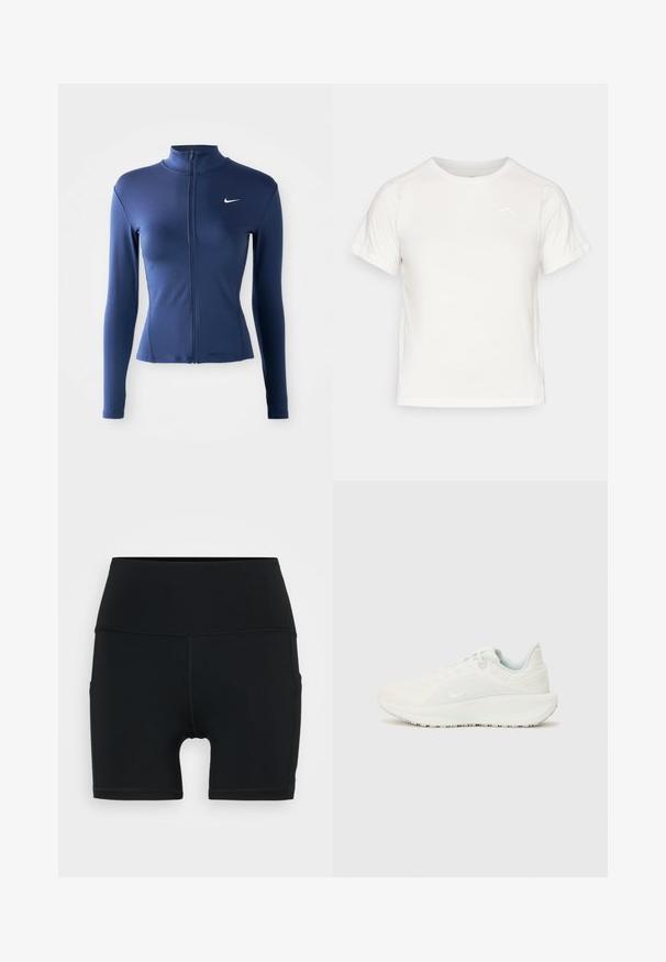 Women's fitted navy blue zip-up athletic jacket with long sleeves and white Nike logo on the chest.; Lightweight white T-shirt with short sleeves, round neck, and a small logo in the upper left corner. Smooth fabric with a subtle sheen.; Black athletic shorts made from stretchy material, featuring a high waist, fitted design, and flatlock seams for comfort and durability.; White athletic shoes with a textured upper, padded collar, and lace closure. Features a curved outsole and subtle branding on the side.