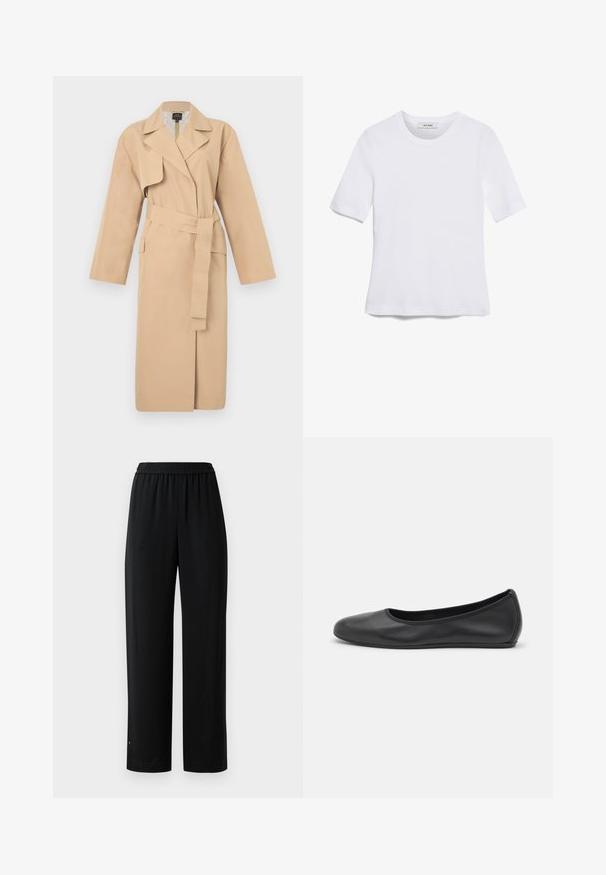 Beige színű trench coat, hajtókás gallérral, hosszú ujjak, övvel ellátott derék és oldalzsebek. Simaság jellemzi, minimalista dizájn.; Fehér, rövid ujjú póló ribbed anyagból. Kerek nyakkivágás, normál szabás és diszkrét varrási részletek. Nincsenek minták vagy grafikák.; Fekete, bő szárú nadrág sima anyagból, elasztikus derékkal. Egyenes szabású, minimális részletezéssel. Kényelmes viselet hétköznapi használatra.; Fekete bőr balettcipő lekerekített orral, sima tekstúrával, minimális varrással és rugalmas talp kialakítással.