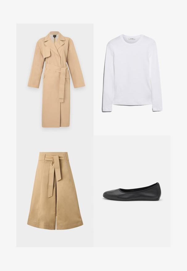 Bež plašč z ovratnikom, dolgimi rokavi, pasom in stranskimi žepi. Gladka tekstura z minimalisticnim dizajnom.; Bela majica s dolgimi rokavi iz rebrastega bombaža, s krožnim izrezom in ravnim robom. Enostaven dizajn brez vzorcev ali naglasov.; Svetlo modra prugasta srajca z gumbi, ovratnikom, napihnjenimi rokavi in elastikami na manšetah. Teksturirani aksesorji na ramu kontrastirajo z gladkim materialom.; Khaški midi zavitni krilo s pasom na vezanje, izdelano iz lahkotnega bombaža, z razširjeno silhueto in vidnimi šivi.; Črne usnjene balerinke z zaobljenim nosom, gladko teksturo, minimalnimi šivi in fleksibilno zasnovo podplata.