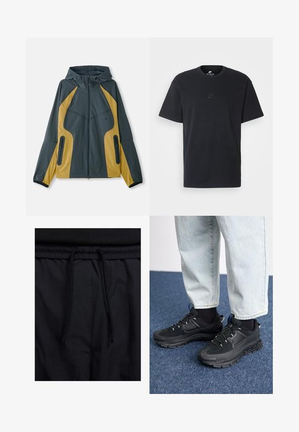 Hallidehallitega hall ja kollane jakk, millel on särgi ees lukuga avamine, kontrastsete paneelidega, lukuga taskud ja elastsed varrukad. Sujuv tekstuur.; Nike musta mustast puuvillast T-särk klassikalise ümmarguse kaelusega, lühikeste varrukatega ja õrna, reljeefse logoga rinnal. Sile tekstuur.; Mustad lühikesed püksid, millel on paelaga vöökoht, kerge kangas, mis on sileda tekstuuriga ning lihtne disain ilma nähtavate logode või mustriteta.; Mustad mustad jooksukingad, millel on tekstureeritud kangas ja kummist tallad, elastsed nöörid ning sinine aksent kandadel. Kandmine heledate teksadega.