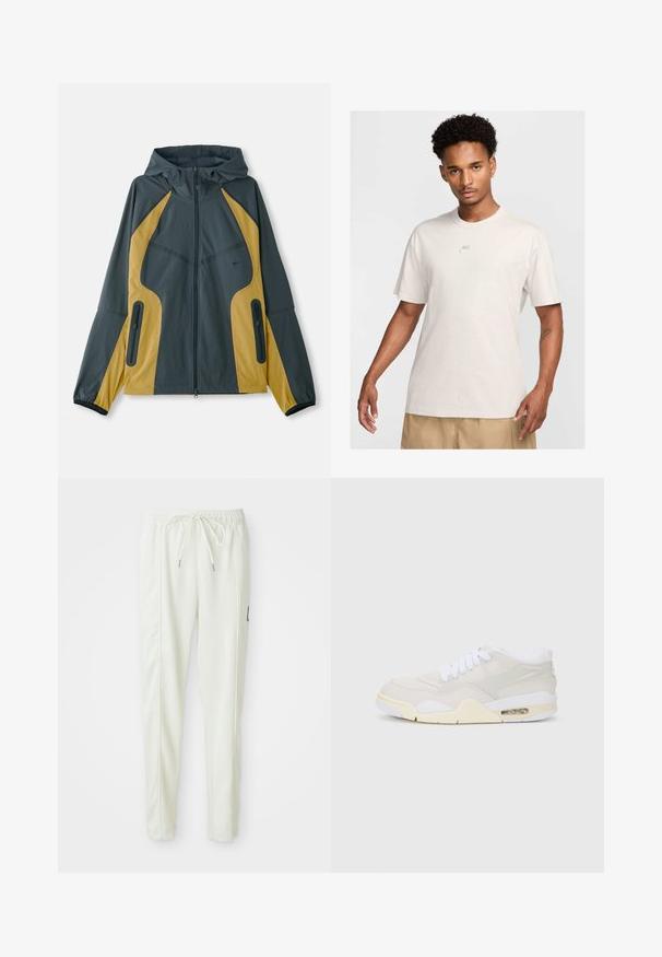 Pelēka un dzeltena kapuce ar jaku ar rāvējslēdzēju priekšā, kas iekļauj kontrastējošus paneļus, rāvējslēdzēja kabatas un elastīgas aproces. Gluda tekstūra.; Vīrietis ar īsiem, viļņainiem matiem, uzvilcis bežīgu Nike t-kreklu un khaki šortus, skatās uz priekšu pret vienkāršu gaismas fona.; Baltas slaida griezuma bikses ar elastīgu jostu un auklu, ar sānu šuvēm un mazu melnu uzlīmi labajā kājā.; Skrienotāji ar vieglu beigu sintētisko virsmu, baltiem šņorēm un redzamu amortizāciju. Iezīme gluda zole un smalki sānu akcenti.