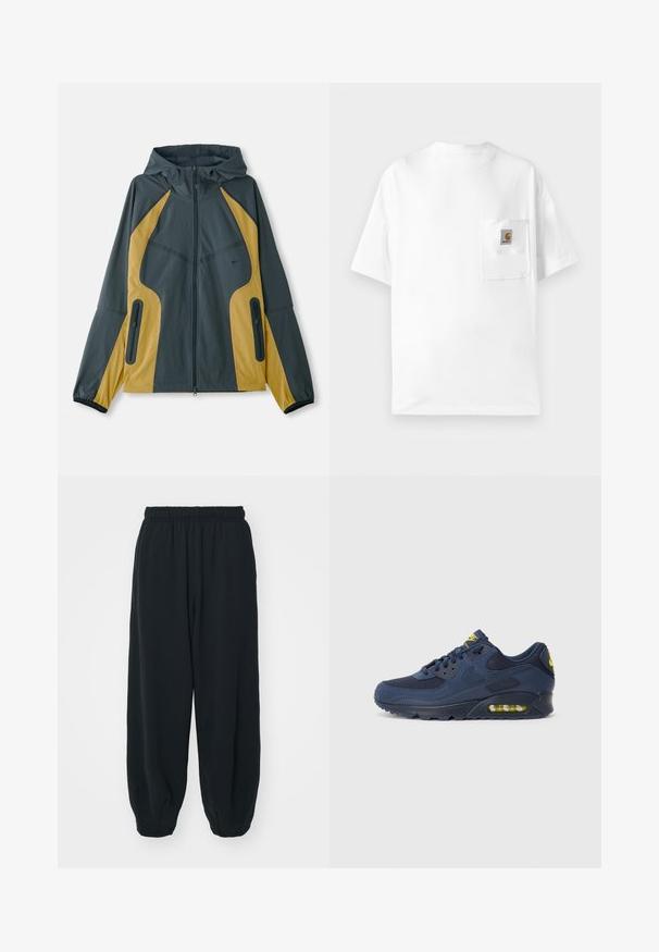 Siva i žuta kapuljača s patentnim zatvaračem, koja ima kontrastne panele, zippered džepove i elastične manžete. Glatka tekstura.; Bijela pamučna majica s okruglim izrezom, kratkim rukavima i džepom na prsima s logotipom. Minimalistički dizajn i bezšavna tekstura.; Crne, dukserice s elastičnim strukom, širokog kroja, s manžetama na gležnjevima, glatke teksture i bez vidljivih uzoraka ili metalnih detalja.; Tamno plavi Nike Air Max tenisice s gornjim dijelom od antilopa i mrežice, s žutim akcentima, vezanjem sprijeda i vidljivim zračnim jastučićima u potplatu.