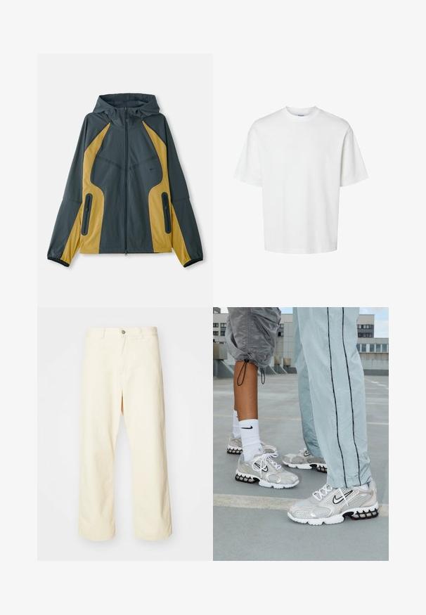 Casaco capuz cinza e amarelo com fecho éclair à frente, apresentando painéis contrastantes, bolsos com fecho éclair e punhos elásticos. Textura suave.; T-shirt branca de algodão com mangas curtas, decote redondo e um corte solto. Textura suave sem padrões ou detalhes visíveis.; Calças largas de cor creme, feitas de algodão, com fecho de botão, passantes para cinto e bainha costurada. Textura suave, sem padrões visíveis.; Ténis de desporto Nike em material de malha prateada, com atacadores brancos, um logo Swoosh preto e uma sola de amortecimento em negro e vermelho.