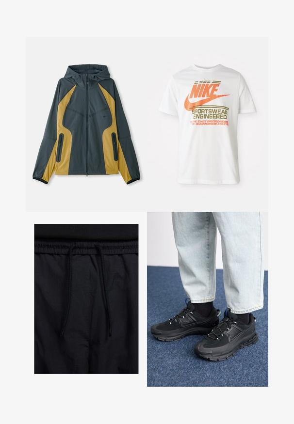 Casaco capuz cinza e amarelo com fecho éclair à frente, apresentando painéis contrastantes, bolsos com fecho éclair e punhos elásticos. Textura suave.; T-shirt de algodão branca com um grande logótipo laranja "NIKE" e texto verde que diz "SPORTSWEAR ENGINEERED" e especificações adicionais.; Calções pretos com um cós elástico ajustável, fabricados em tecido leve com uma textura suave e um design simples, sem logótipos ou padrões visíveis.; Sapatilhas desportivas pretas com tecido texturizado e solas em borracha, apresentando atacadores elásticos e um detalhe azul no calcanhar. Usadas com calças de ganga claras.