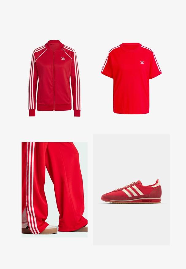 Red zip-up jackets made of smooth fabric, featuring white three-stripe accents on sleeves and a small white logo on the chest.; Red cotton t-shirt with a round neckline, short sleeves, white three-stripe accents on shoulders, and a small white logo on the chest.; Red track pants with white stripes along the sides, featuring a loose fit and zipper detail at the hem. Worn with light-colored athletic shoes.; Red athletic sneaker with a textured upper, three white stripes, round toe, and a rubber sole with logo detailing on the side.