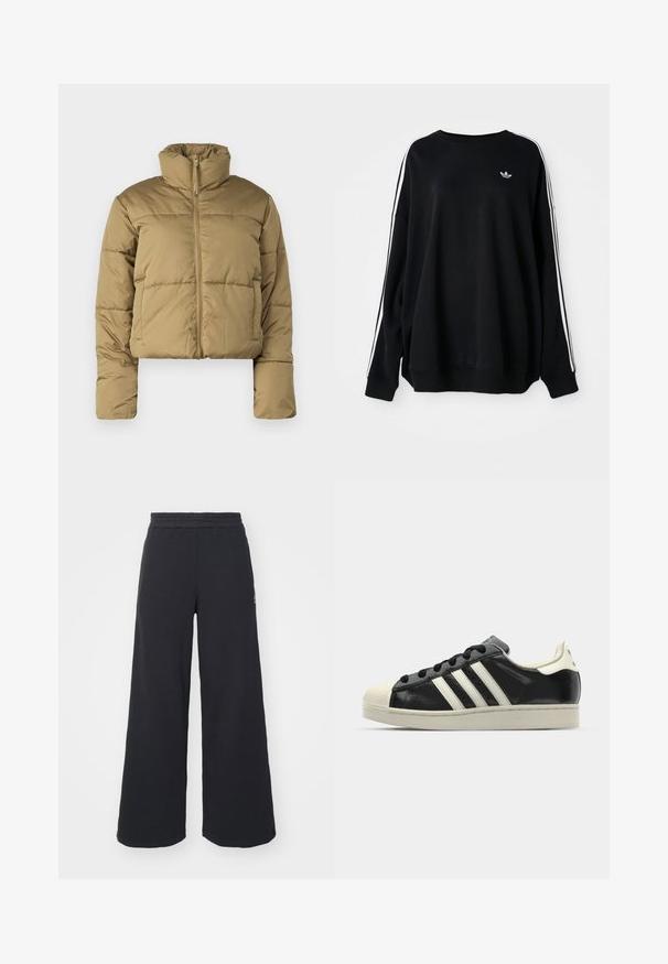 Giubbotto corto imbottito di colore marrone chiaro, con un colletto alto, cerniera frontale completa e sezioni cucite per l'isolamento. Texture liscia e opaca.; Felpa nera oversize in morbido tessuto, con strisce bianche lungo le maniche e un piccolo logo sul petto. Collo tondo.; Pantaloni felpati neri a gamba larga realizzati in tessuto morbido, con un elastico in vita e un piccolo logo sul lato sinistro.; Sneaker in pelle nera con strisce bianche, punta in gomma, lacci neri e suola di colore crema. Texture liscia con finitura brillante.